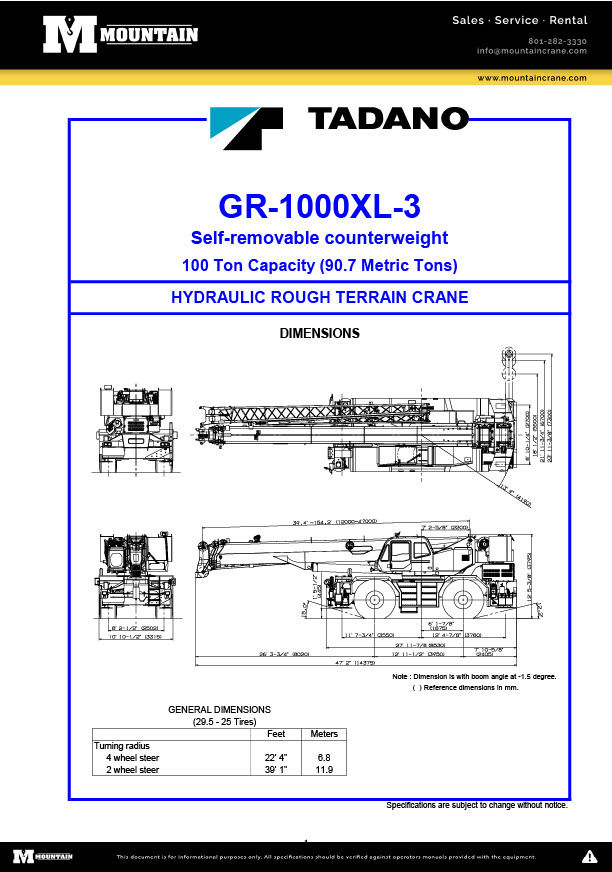 Tadano GR1000XL-3 Load Chart